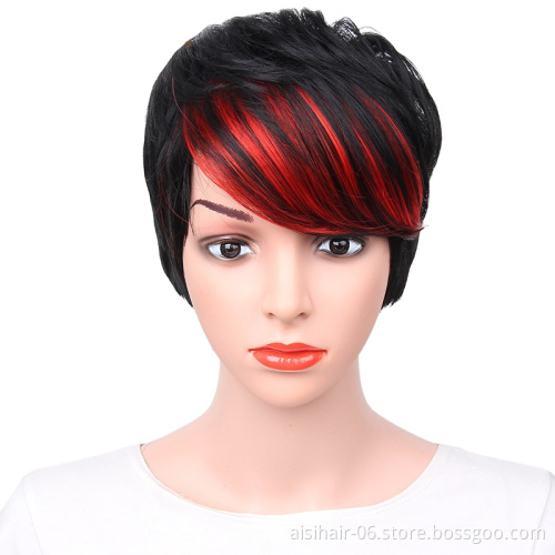 For Women Synthetic Short Style The Best Selling Straight Pixie Cut Wigs Hair With Red Bangs Wig Heat Resistant Fiber